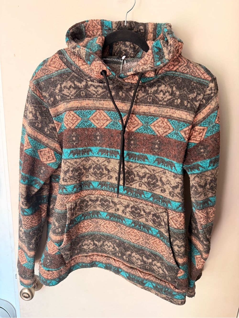 Aztec Pullover Hoodie in Teal, Brown & Cream